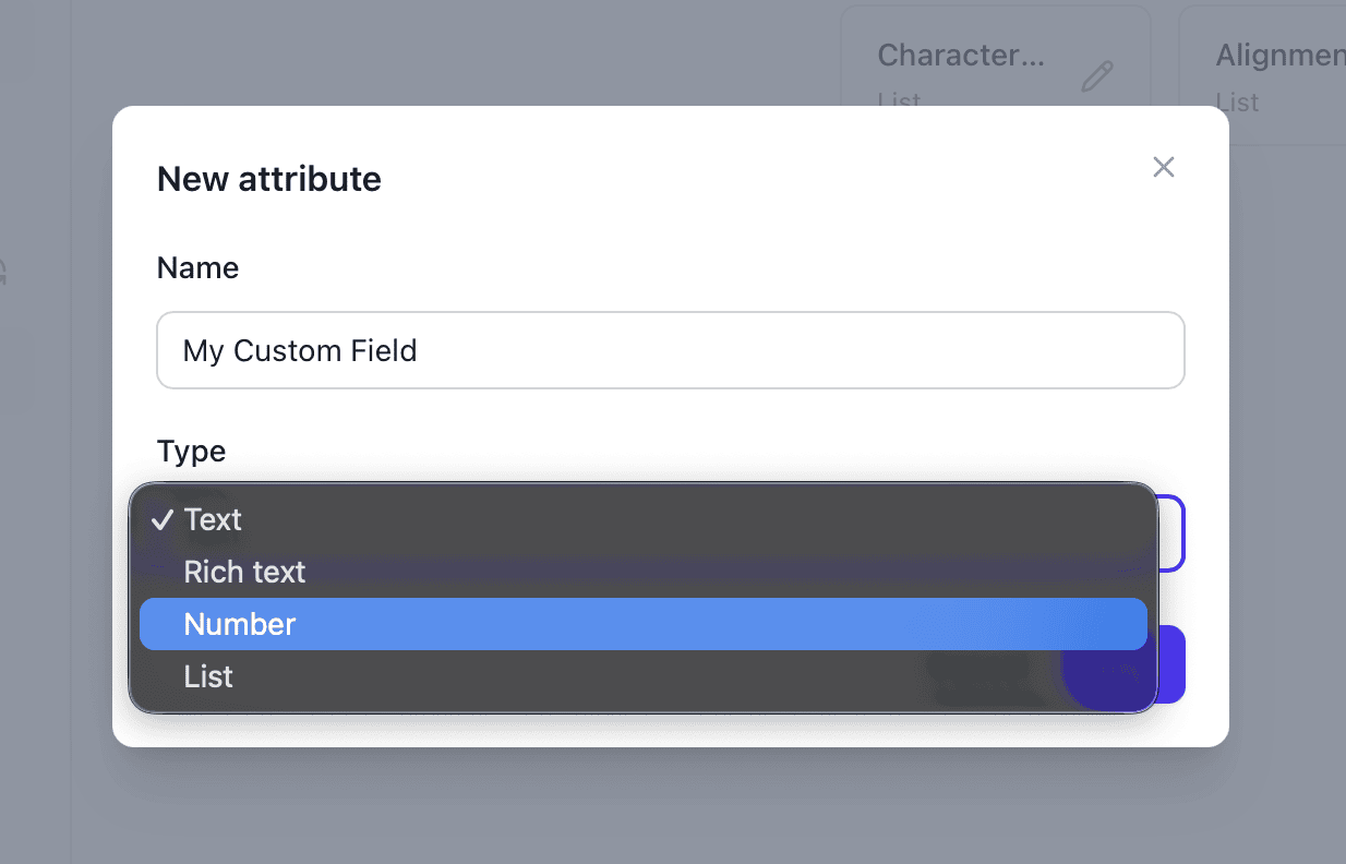 New attribute dialog for defining a custom admissions criterion and its type
