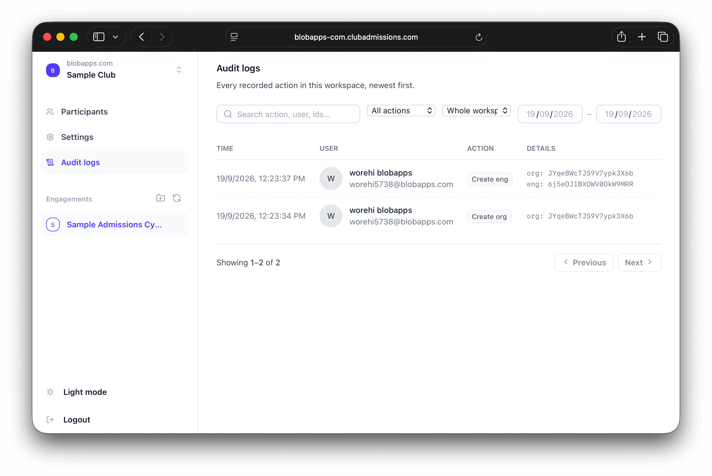 Audit log screen listing every recorded action in the workspace, newest first