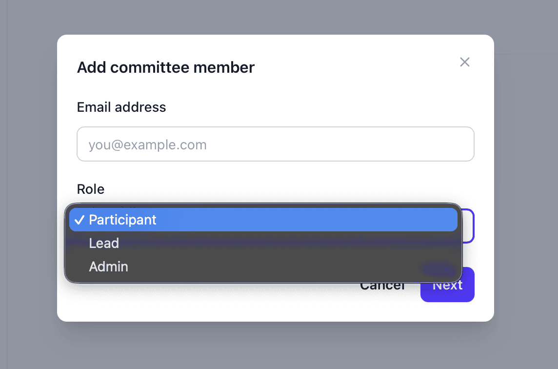 Add committee member dialog with role selection