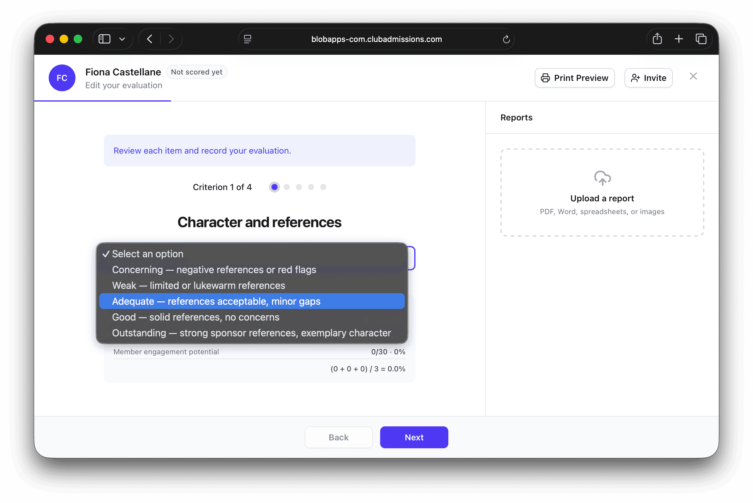Evaluation screen scoring an applicant's character and references, with the score updating live